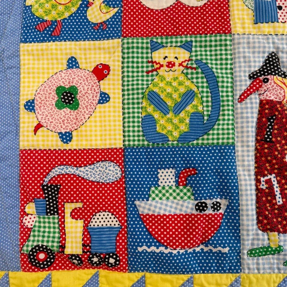 Vintage Handmade Patchwork Baby Quilt Love Animals Nursery Primary Colors